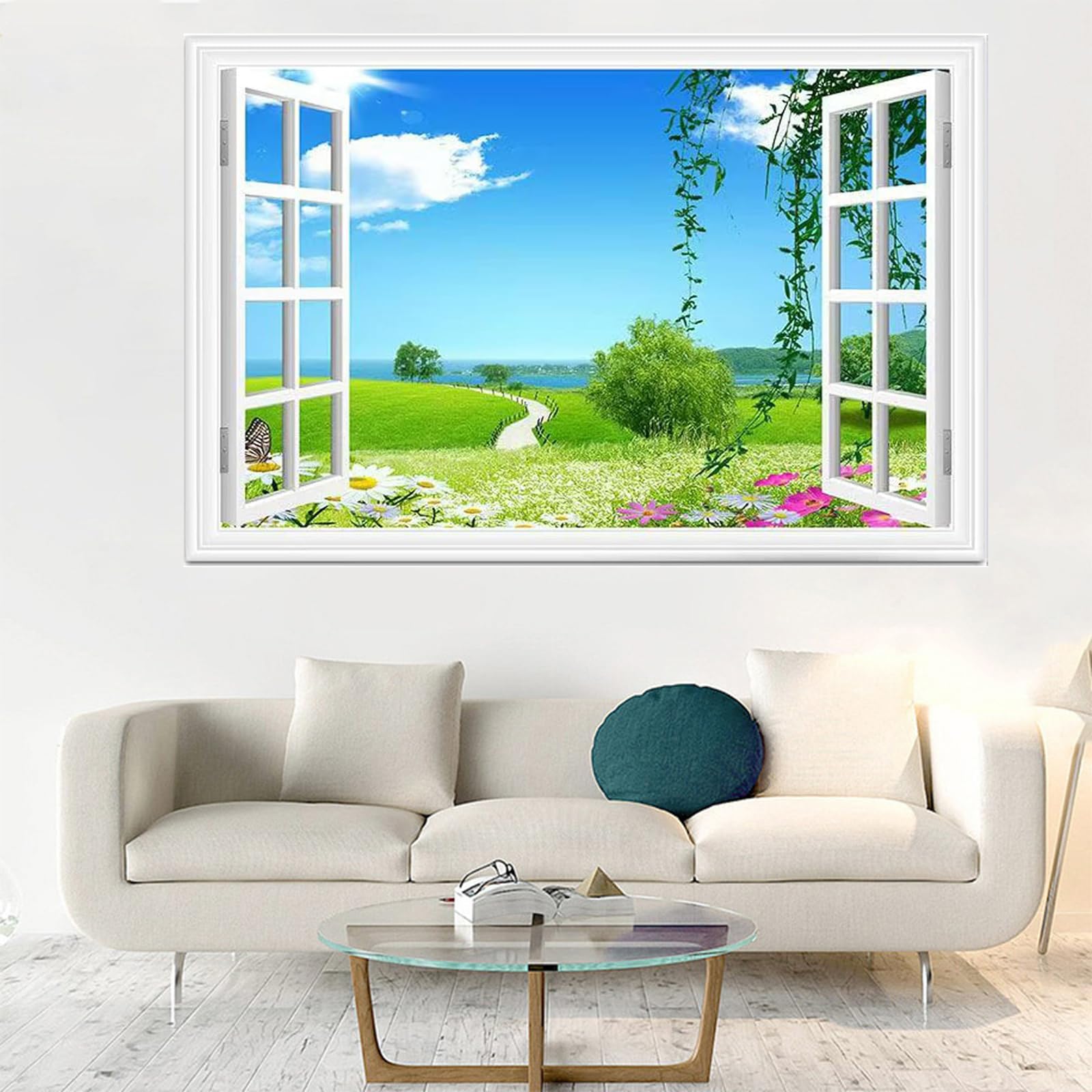 Amazon｜Mestiker 1本の緑の木 ウォールステッカー 偽窓 青空 白雲 緑